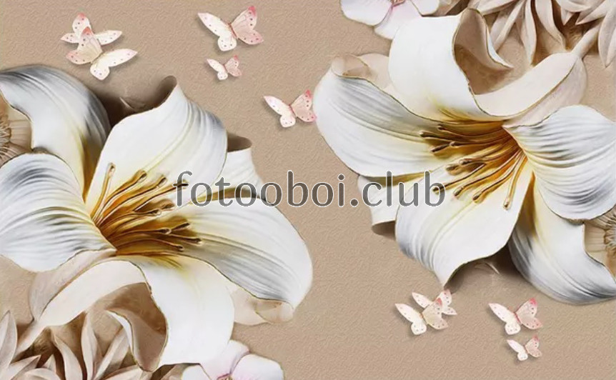 лилии, цветы, бабочки, 3д, 3d